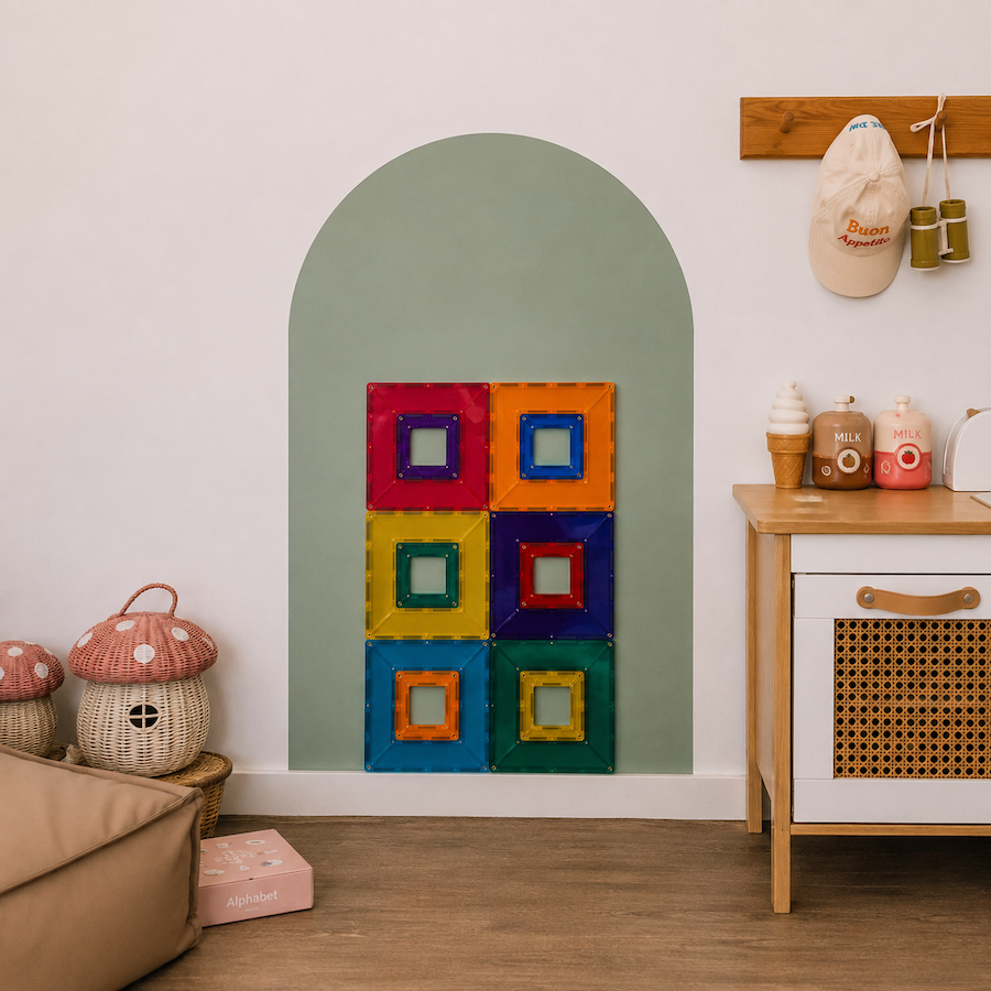 Colourful magnetic building tiles that can be used on a SmartyPals Magnetic Playwall